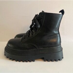 Black Chunky Platform Combat Boots - Lug Sole Lace Up Side Zip Goth Punk